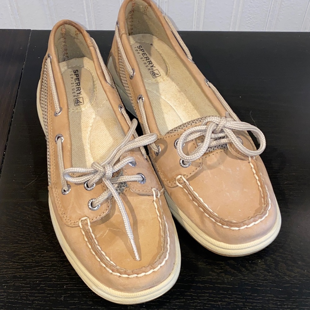Sperry Women's Tan Leather Moccasin Boat Shoes with White Laces